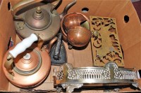 Lot 208 - A box of miscellaneous metal wares to include...