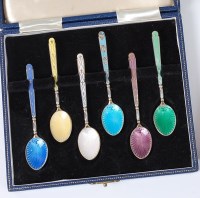 Lot 428 - A cased set of six silver and guilloche enamel...