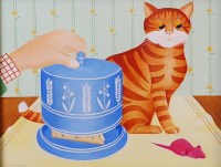 Lot 562 - Lesley Valentine - Cat with stilton, oil on...