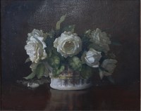 Lot 593 - Barbara Wallace Johnson - White roses, oil on...