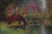 Lot 1406 - Arthur Wilkinson - The village stream, oil on...
