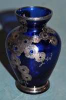 Lot 241 - A blue glass and silver overlaid vase, h.10cm