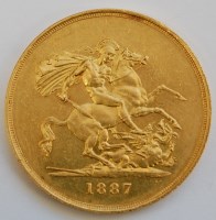 Lot 2103 - Great Britain, 1887 gold five pound coin,...