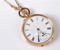 Lot 2532 - A '14k' pocket watch and '9c' chain, the white...