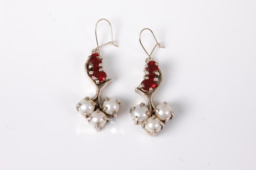 Lot 2559 - A pair of cultured pearl and red hardstone...