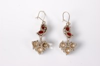 Lot 2559 - A pair of cultured pearl and red hardstone...