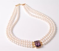 Lot 2582 - A cultured pearl and amethyst necklace, the...