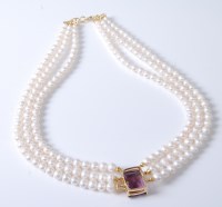 Lot 2582 - A cultured pearl and amethyst necklace, the...