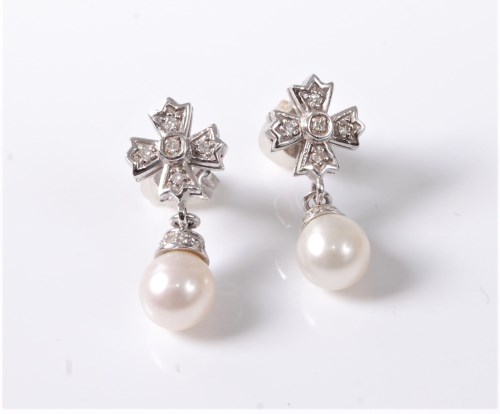 Lot 2593 - A pair of 9ct white gold cultured pearl and...