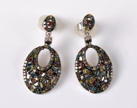 Lot 2615 - A pair of multi-coloured diamond earrings, the...