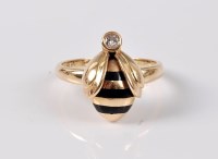 Lot 2668 - An '18k' diamond and enamel bee ring, the...