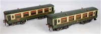 Lot 343 - Three Hornby No. 2 coaches green and cream...