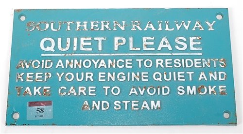Lot 58 - Small iron Southern Railway sign ''Quiet...