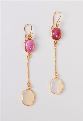 Lot 2621 - A pair of pink tourmaline and opal earrings,...