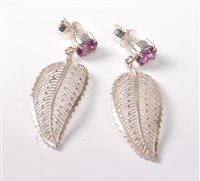 Lot 388 - A pair of amethyst and filigree leaf earrings,...