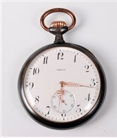 Lot 2379 - An Omega open faced pocket watch, the white...