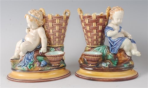Lot 2089 - A pair of Victorian Wedgwood majolica vases,...