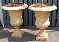 Lot 2428 - A pair of cast iron pedestal campagna urns,...