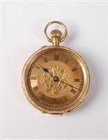 Lot 2385 - A lady's 18ct gold open faced fob watch, the...