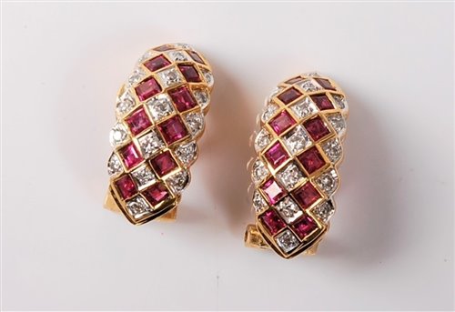 Lot 2278 - A pair of 18ct ruby and diamond earrings, the...