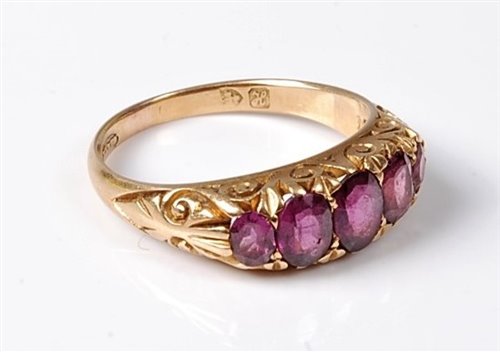 Lot 2288 - An early 20th century 18ct five stone amethyst...
