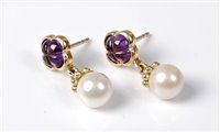 Lot 2269 - A pair of amethyst and cultured pearl earrings,...