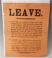 Lot 363 - A WW I "Leave" poster advising soldiers not to...