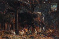 Lot 2571 - James Slater - Stable interior, oil on board,...