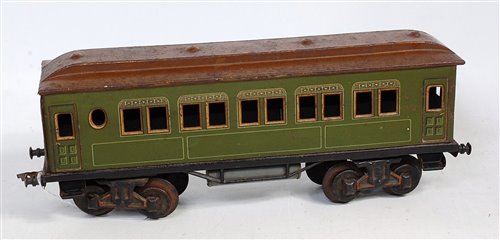 Lot 328 - Bing GI green bogie coach with brown roof...