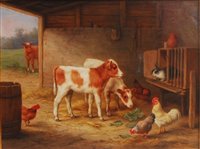 Lot 2572 - Edgar Hunt (1876-1953) - A barn interior with...