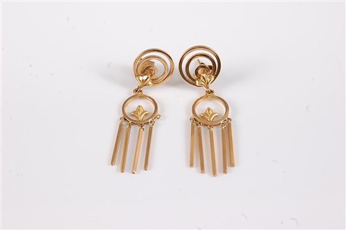 Lot 2546 - A pair of '18k' tassel earrings, the three...