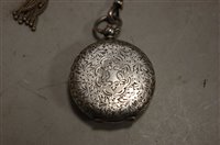 Lot 330 - A lady's Swiss silver pocket watch and chain,...