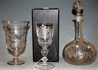 Lot 53 - A cut glass pedestal goblet etched with the...