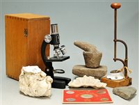 Lot 375 - A students microscope, in box, with coral and...