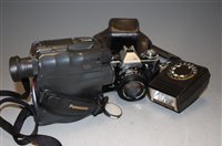 Lot 347 - A box of assorted cameras and camera equipment,...