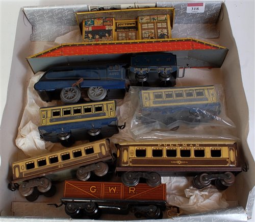 Lot 318 - Small tray containing Brimtoy clockwork 0-4-0...