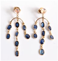 Lot 2545 - A pair of sapphire and moonstone earrings, the...