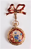 Lot 2551 - A lady's Swiss 14k gold and enamelled fob...