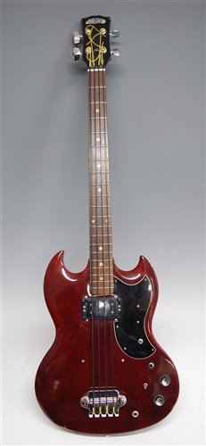 Lot 504 - A Japanese four-string cherry red bass guitar...