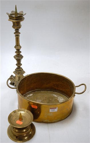 Lot 144 - A 20th century brass twin handled pan together...