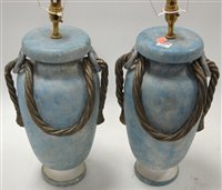 Lot 231 - A pair of large modern table lamps, on a blue...
