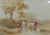Lot 1438 - *Henry Earp Snr (1831-1914) - Cattle watering,...