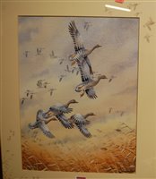 Lot 1042 - S.T. Trinder - Geese in flight, watercolour...