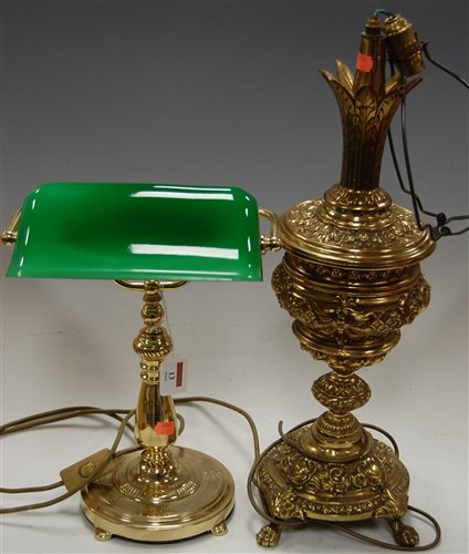 Lot 13 - A lacquered brass pedestal desk lamp having...