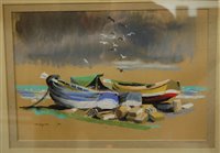 Lot 1112 - Peter Wagon - Rowing boats at lowtide, oil on...