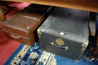 Lot 1372 - A canvas and metal bound hinge-top travelling...