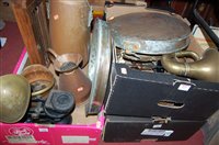 Lot 573 - Three boxes of mixed metalwares to include...