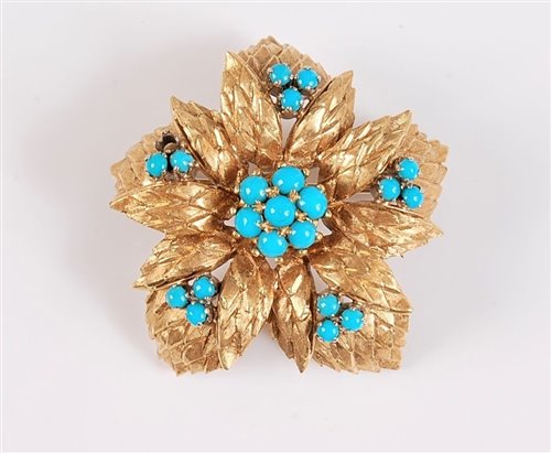 Lot 1153 - An 18ct turquoise brooch, the central...