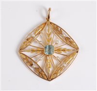 Lot 349 - A 15ct aquamarine and seed pearl pendant, the...
