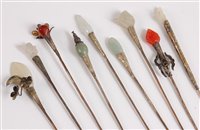 Lot 378 - Ten hat/hair pins with agate and jade tops and...